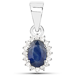 0.57 ctw. Genuine Blue Sapphire and 0.08 ctw. White Diamond Halo Pendant in 14K White Gold