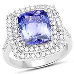 4.94 ctw. Genuine Tanzanite and 0.72 ctw. White Diamond Halo Ring in 14K White Gold