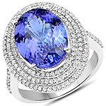5.51 ctw. Genuine Tanzanite and 0.54 ctw. White Diamond Halo Ring in 14K White Gold