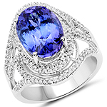 6.54 ctw. Genuine Tanzanite and 0.51 ctw. White Diamond Cocktail Ring in 14K White Gold