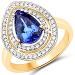 2.44 ctw. Genuine Tanzanite and 0.34 ctw. White Diamond Halo Ring in 14K Yellow Gold