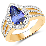 1.88 ctw. Genuine Tanzanite and 0.47 ctw. White Diamond Halo Ring in 14K Yellow Gold