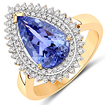3.65 ctw. Genuine Tanzanite and 0.49 ctw. White Diamond Halo Ring in 14K Yellow Gold