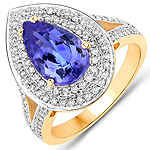 2.99 ctw. Genuine Tanzanite and 0.63 ctw. White Diamond Halo Ring in 14K Yellow Gold